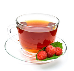 Cup of tea with raspberry isolated