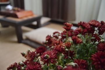 A bouquet of red flowers on the background of the interior of the room.