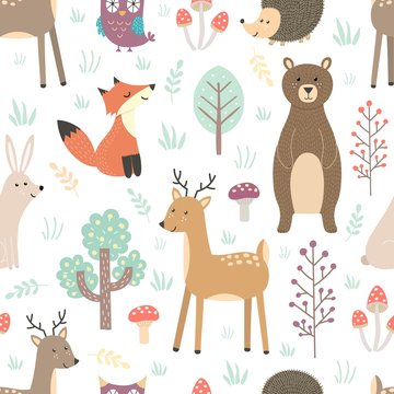 Forest seamless pattern with cute animals