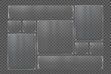 Glass plates are installed. Vector glass banners on a transparent background. Glass. Glass paintings. Color frames.

