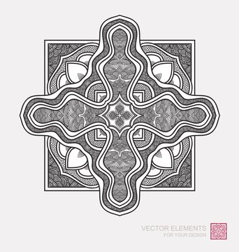 Floral abstract ornament of round shape. Christian cross, graphic elements are drawn by hand. Modernist Minimalist Art