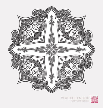 Floral abstract ornament of round shape. Christian cross, graphic elements are drawn by hand. Modernist Minimalist Art