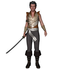 A warrior from an ancient time in light armor with a sword. He stands straight and looking straight ahead at the camera