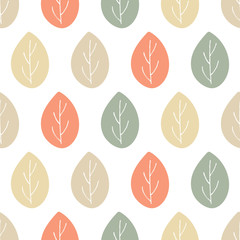 Seamless nature vector pattern. Hand drawn forest ornament. Orange brown and green leaves with twigs on white background