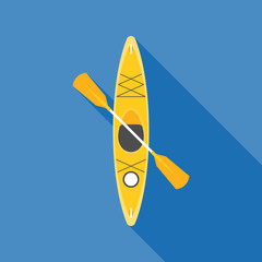 yellow kayak with paddle, flat design vector with long shadow - obrazy, fototapety, plakaty