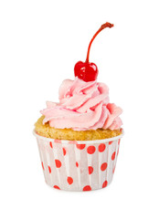 Cupcake with pink cream and cherry