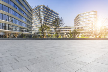 Empty floor with modern business office building