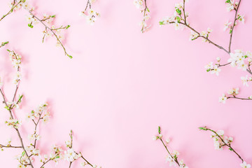 Spring flowers on pink background. Flat lay, top view. Spring background.
