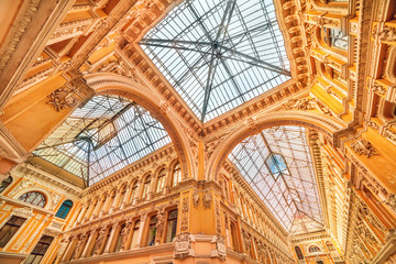 A view of an upward ancient building from the inside. Beautiful architecture, historical landmark.
