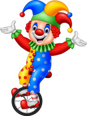 Cartoon clown riding one wheel bike