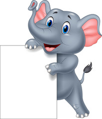 Fototapeta premium Funny elephant cartoon holding blank sign