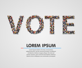 Large group of people in the vote word shape. USA. Vote, presidential elections concept.