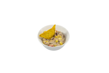 Small bowl of tuna salad with tortilla chips