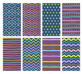 Set of eight hand drawn seamless patterns on dark backgrounds. Vector illustration.