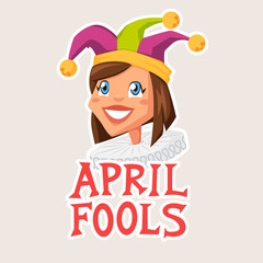 April fools day illustration with typography for greeting card, ad, promotion, poster, flier, blog, article, marketing, signage, email. Woman in jester hat vector illustration.