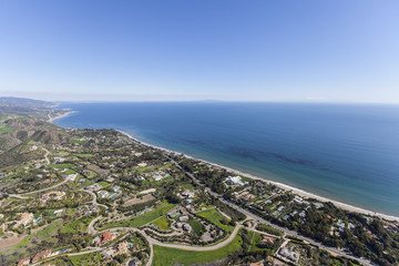 Aerial view of ocean view estates in Malibu, California.