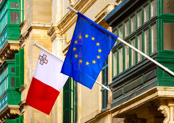 Malta Valletta European Union - EU Membership - Flags - maltese flag - european flag prime minister - Ministry State Politics Government Democracy Leadership, presidency state of malta island - obrazy, fototapety, plakaty