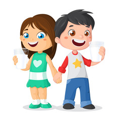 Children with a glass of milk. Drink milk vector illustration