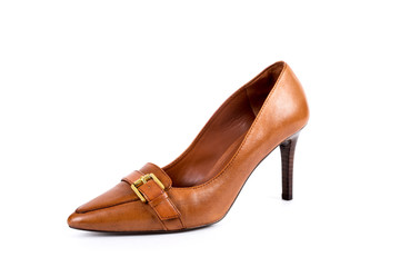 Brown women's high-heeled shoes on a white background