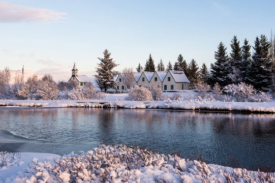 &THORN;ingvellir Church or Thingvellir Church winter time view from &THORN;ingvellir national park