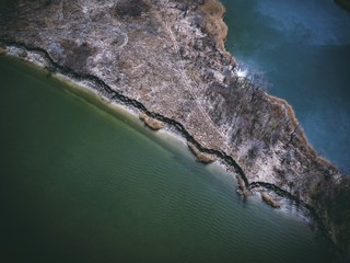 Drone photo of Don river near Rostov-on-Don on a spring morning. Aerial view. 