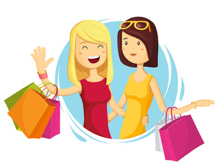 Happy fashion girl with shopping bags in shop. Shopper. Big Sales. Funny cartoon character. Vector illustration in flat style.