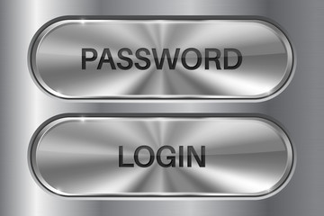 Metal oval buttons on stainless steel background. LOGIN and PASSWORD 3d icons