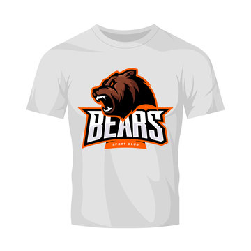Furious bear sport vector logo concept isolated on white t-shirt mockup. Modern predator professional team badge design.
Premium quality wild animal t-shirt tee print illustration.