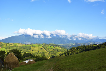 Fototapeta na wymiar Green hills in mountain valley. spring landscape