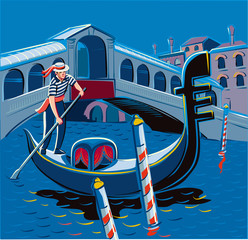 Naklejka premium Night in a gondola on the Grand Canal in Venice. In the background the Rialto bridge.