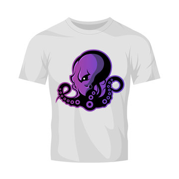 Furious octopus sport vector logo concept isolated on white t-shirt mockup. Modern professional team badge design.
Premium quality wild cephalopod mollusk t-shirt tee print illustration.