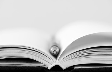 Opened notebook with pen isolated - selective focus, copy space