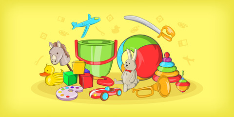 Fototapeta premium Kids toys horizontal banner, cartoon style