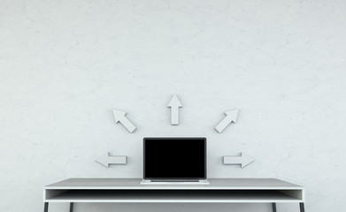 Modern desktop interior with laptop and grey arrows 3D rendering