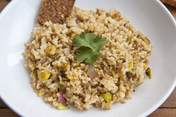 cooked integral rice with vegetables, closeup