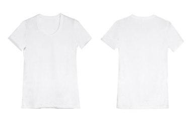 white woman t-shirt on hanger isolated on a white background, back view