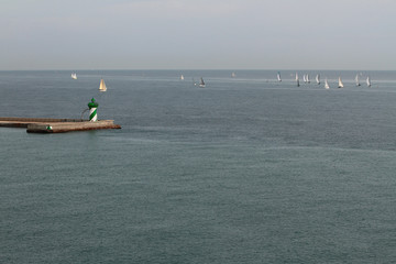 Sailing regatta on input in seaport