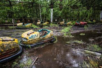 abandoned cars in Pripyat park, Chernobyl, Ukraine