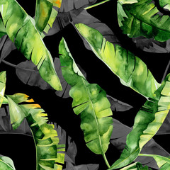 Seamless watercolor illustration of tropical leaves, dense jungle. Pattern with tropic summertime motif may be used as background texture, wrapping paper, textile,wallpaper design. Banana palm leaves 