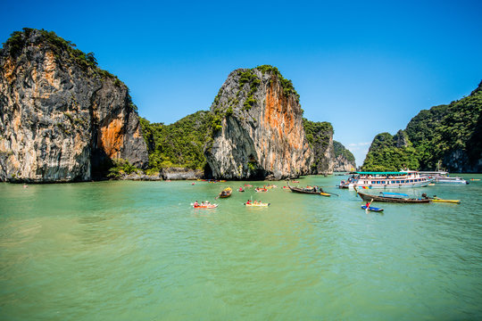 Canoeing at Koh Hong Island 
Phang Nga, Thailand – December 30, 2015 : Tourist Canoeing Program at the famous island :- Koh Hong Phang Nga Bay near Phuket, Andaman Sea.