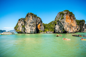 Canoeing at Koh Hong Island 
Phang Nga, Thailand – December 30, 2015 : Tourist Canoeing Program at the famous island :- Koh Hong Phang Nga Bay near Phuket, Andaman Sea.