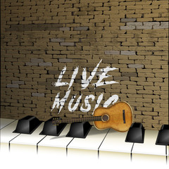brick wall, piano keys and guitar