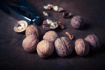 Walnuts close-up, walnuts on a dark background