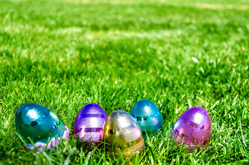 Easter eggs on the grass background