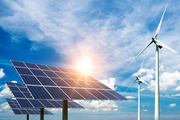 Photo collage of solar panels and wind turbins - concept of sustainable resources
