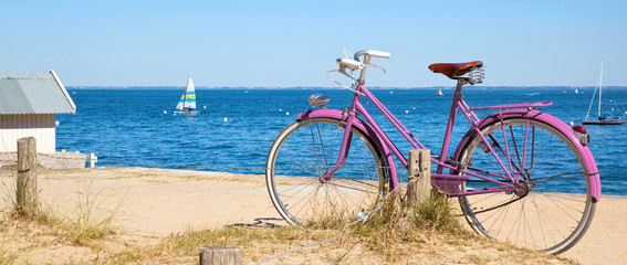 Fototapeta premium Vélo rose devant la plage