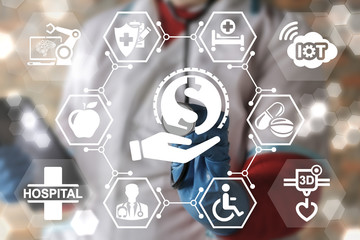Donation in medicine. Health care insurance concept. Doctor presses button hand with coin dollar on virtual screen. Investments in healthcare for introduction of innovative IT technologies. Donate