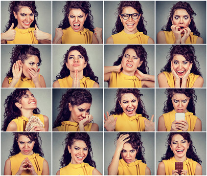 Collage of a young woman expressing different emotions and feelings