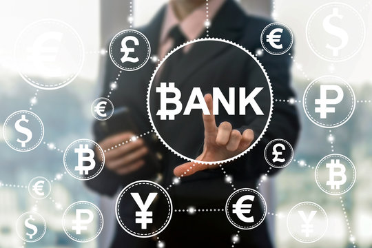 Block chain bank concept. Digital banking finance web money business. Man touched bitcoin bank icon on virtual screen. Cryptocurrency blockchain. Secure internet network money technology.