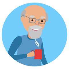 Man with cup in his hand drinking hot coffee. Vector illustration icon